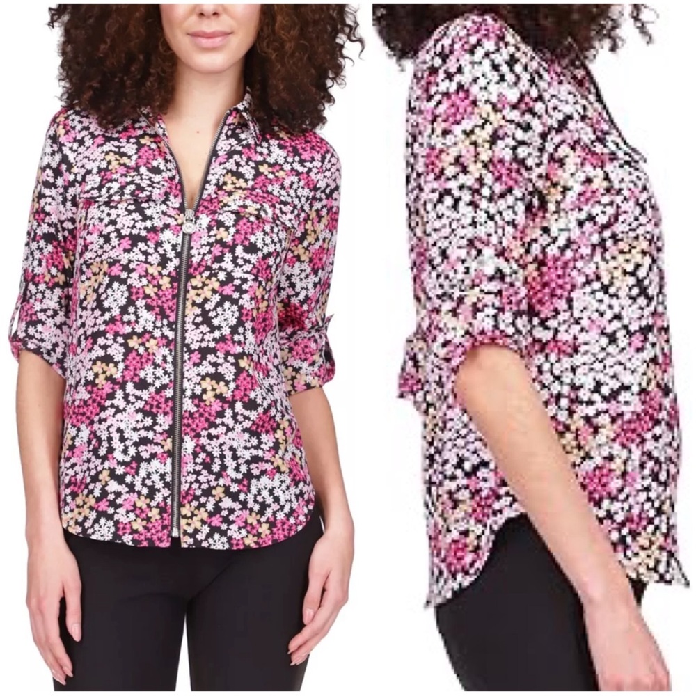 Michael Kors Black Pink Floral Print Zip Front Long Sleeve Blouse
